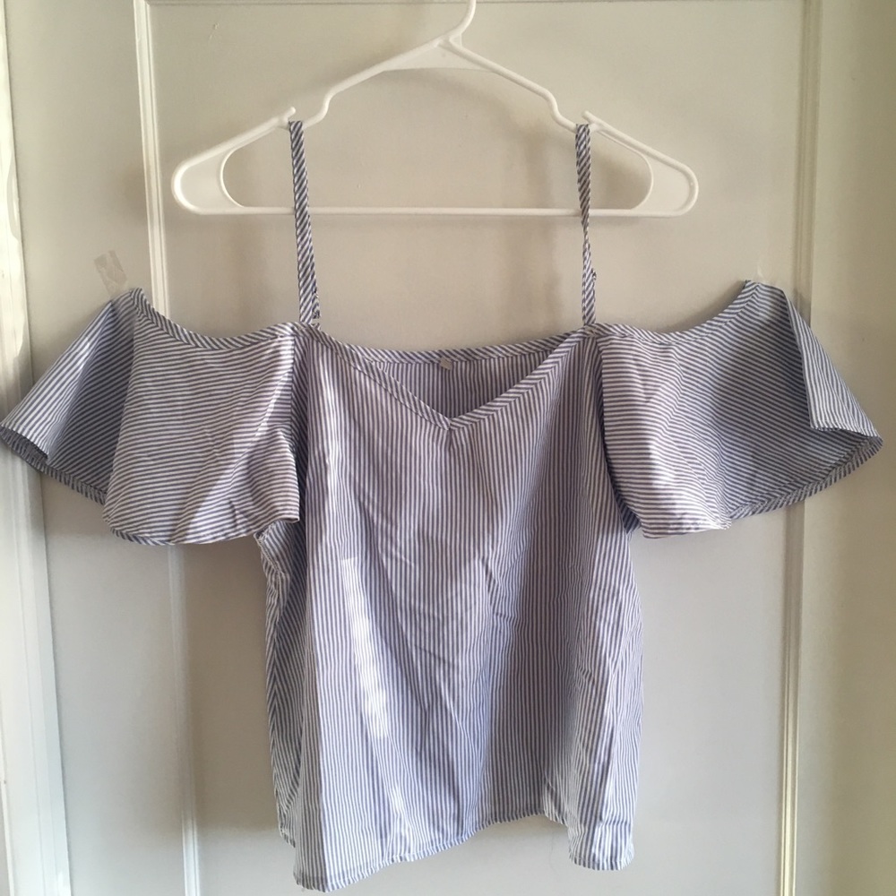 Blue and white stripe OTS ruffle top large